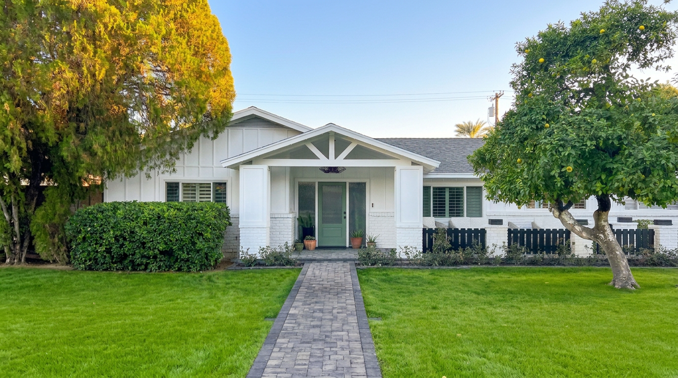 Bright residential home exterior with a central front entry